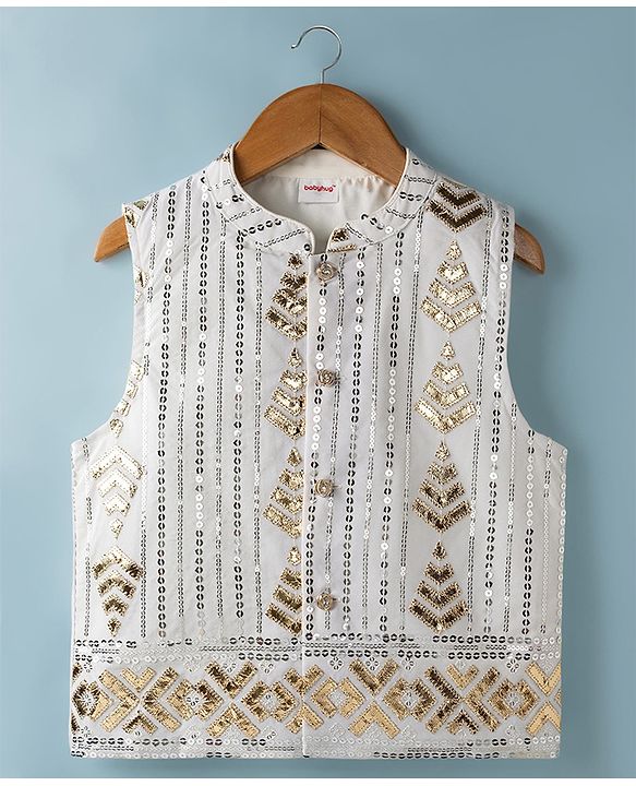Babyhug Woven Full Sleeves Solid Kurta Pyjama Set With Embroidered & Sequinned Jacket - Beige