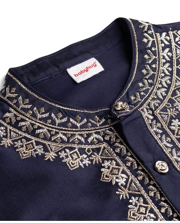 Babyhug Woven Full Sleeves Kurta Pyjama Set With Embroidered Neck - Navy