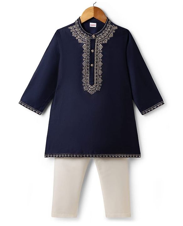 Babyhug Woven Full Sleeves Kurta Pyjama Set With Embroidered Neck - Navy