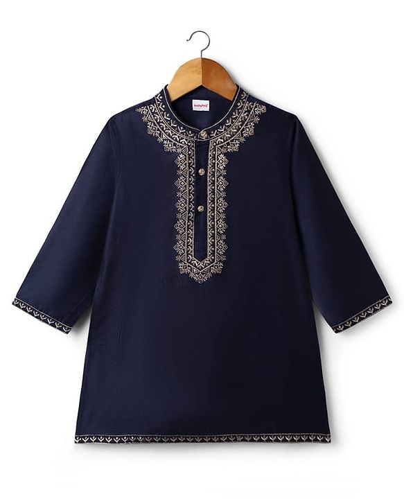 Babyhug Woven Full Sleeves Kurta Pyjama Set With Embroidered Neck - Navy