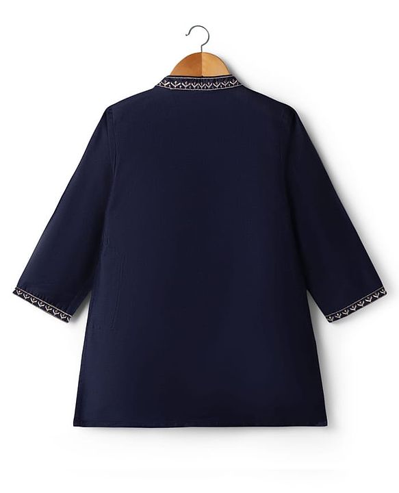 Babyhug Woven Full Sleeves Kurta Pyjama Set With Embroidered Neck - Navy