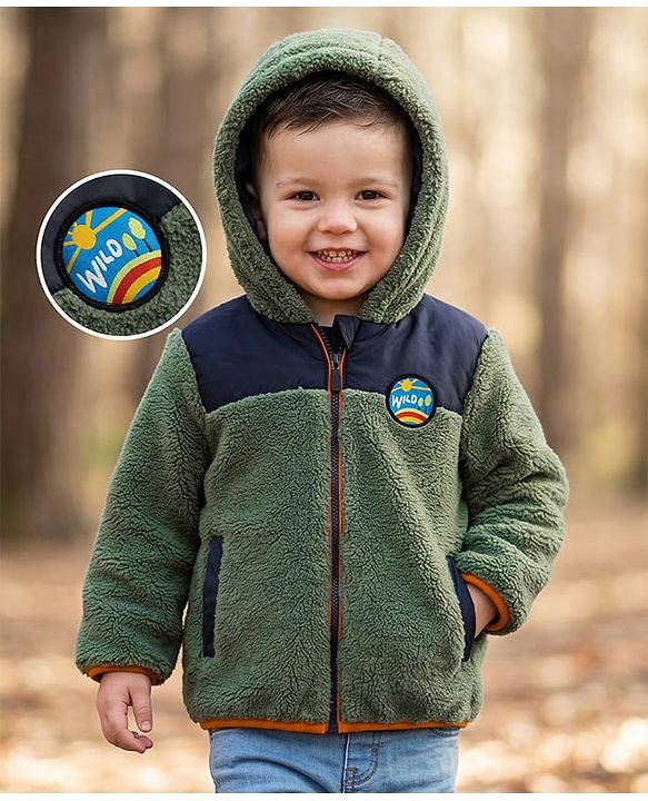 Babyhug Fur Woven Full Sleeves Solid Hoodies With Patch - Green & Navy Blue