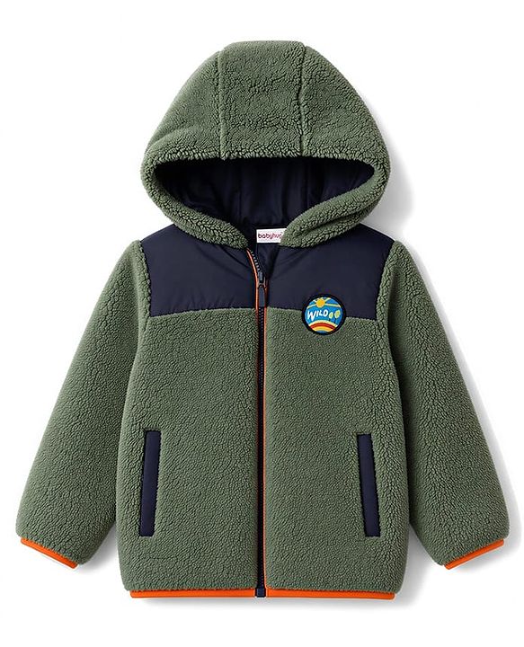 Babyhug Fur Woven Full Sleeves Solid Hoodies With Patch - Green & Navy Blue