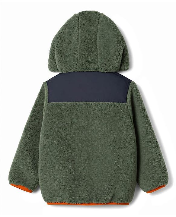 Babyhug Fur Woven Full Sleeves Solid Hoodies With Patch - Green & Navy Blue