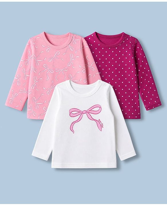 Babyhug 100% Cotton Knit Full Sleeves T-shirts With Bow Print - Pink & White