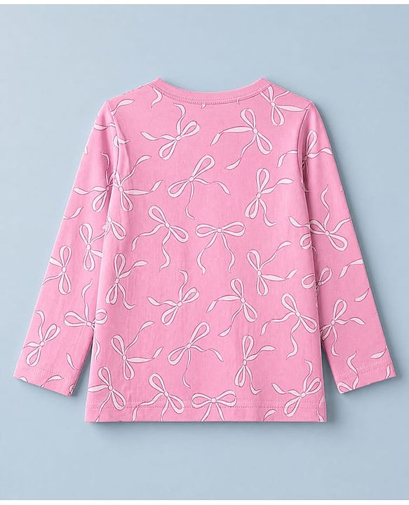 Babyhug 100% Cotton Knit Full Sleeves T-shirts With Bow Print - Pink & White