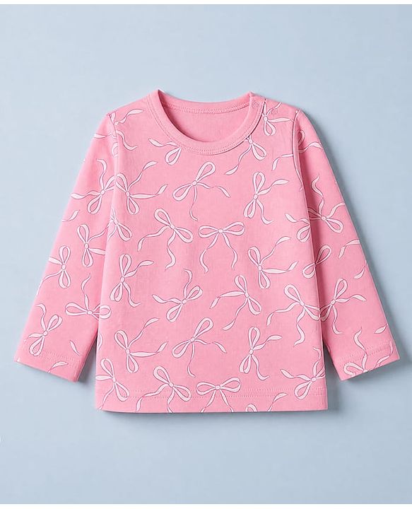 Babyhug 100% Cotton Knit Full Sleeves T-shirts With Bow Print - Pink & White
