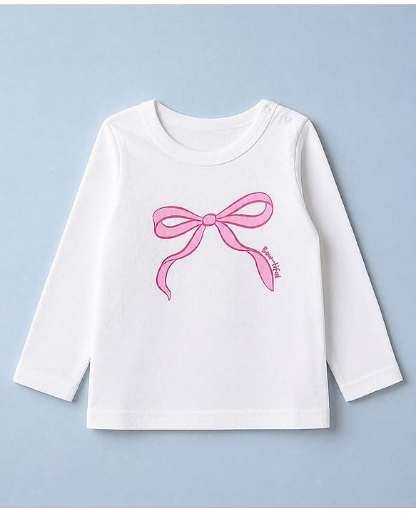 Babyhug 100% Cotton Knit Full Sleeves T-shirts With Bow Print - Pink & White