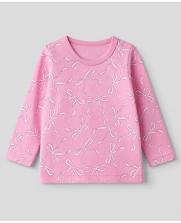 Babyhug 100% Cotton Knit Full Sleeves T-shirts With Bow Print - Pink & White