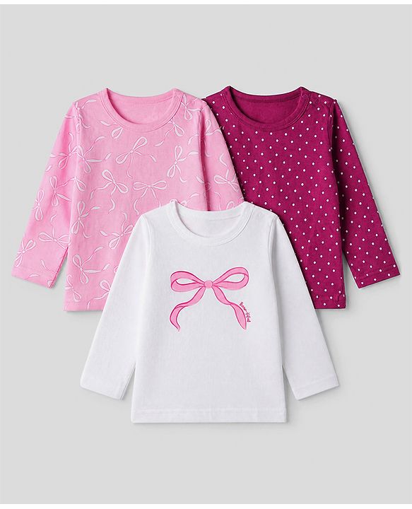Babyhug 100% Cotton Knit Full Sleeves T-shirts With Bow Print - Pink & White