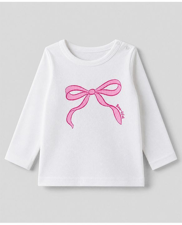Babyhug 100% Cotton Knit Full Sleeves T-shirts With Bow Print - Pink & White