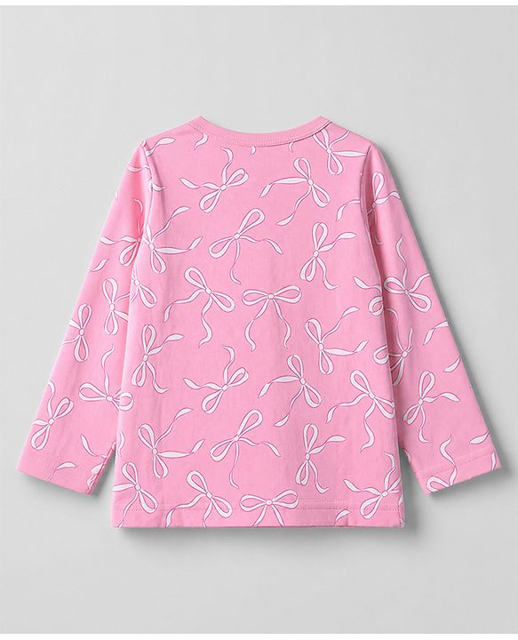 Babyhug 100% Cotton Knit Full Sleeves T-shirts With Bow Print - Pink & White