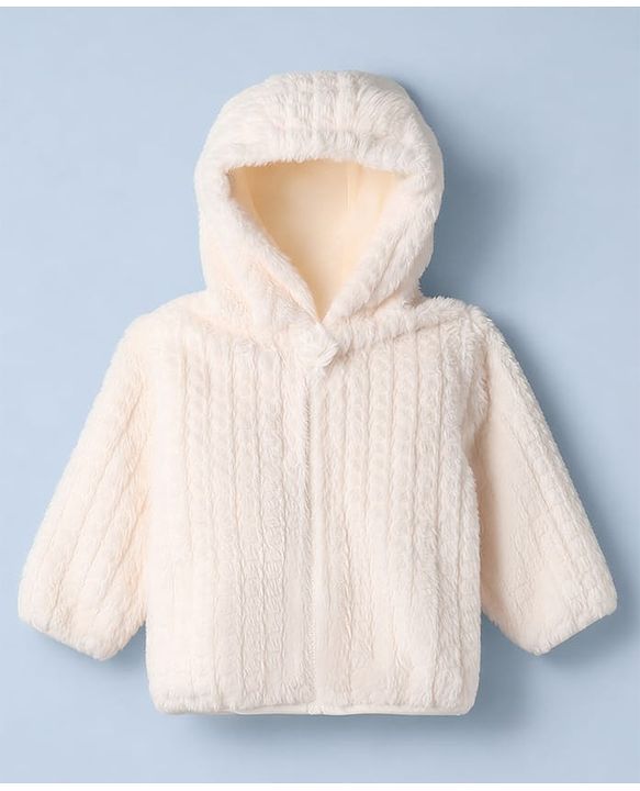 Babyhug Fur Woven Hoodies with Full Sleeves - White