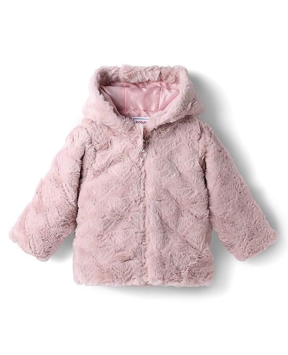 Babyhug Woven Full Sleeves Solid Colour Fur Jacket with Hood - Light Pink