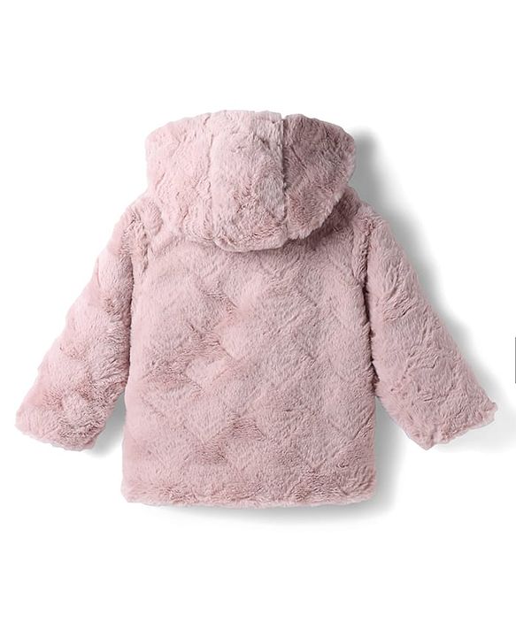 Babyhug Woven Full Sleeves Solid Colour Fur Jacket with Hood - Light Pink