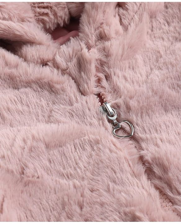 Babyhug Woven Full Sleeves Solid Colour Fur Jacket with Hood - Light Pink