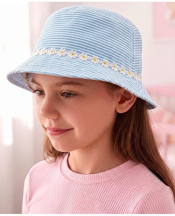 Babyhug 100% Cotton Woven Two Layer Striped Bucket Hat With Floral Lace Blue - Diameter 13 cm