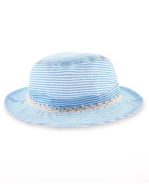 Babyhug 100% Cotton Woven Two Layer Striped Bucket Hat With Floral Lace Blue - Diameter 13 cm