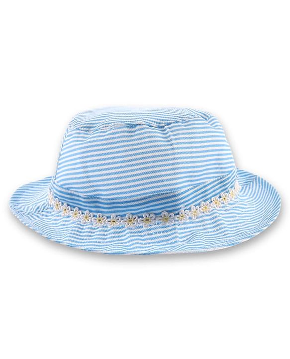 Babyhug 100% Cotton Woven Two Layer Striped Bucket Hat With Floral Lace Blue - Diameter 13 cm