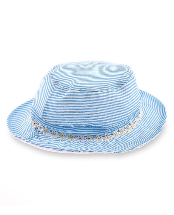 Babyhug 100% Cotton Woven Two Layer Striped Bucket Hat With Floral Lace Blue - Diameter 13 cm