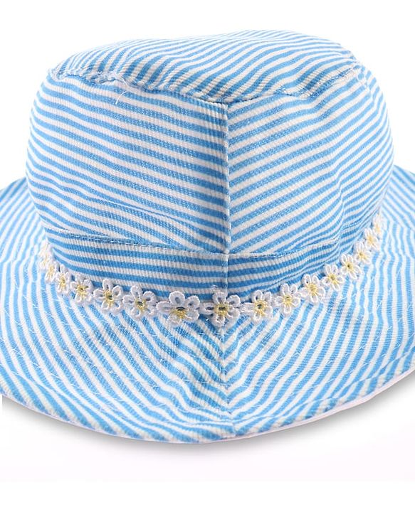 Babyhug 100% Cotton Woven Two Layer Striped Bucket Hat With Floral Lace Blue - Diameter 13 cm