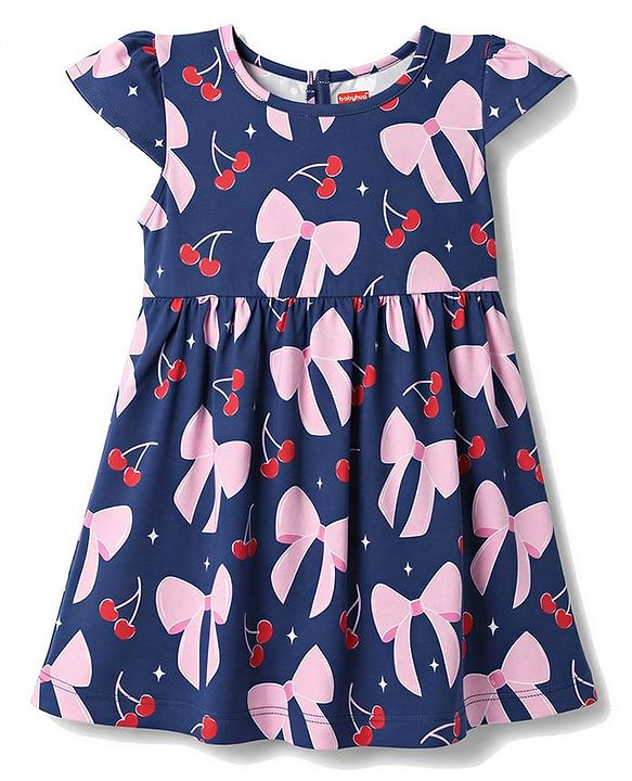 Babyhug Single Jersey Knit Half Sleeves Hearts & Cherry Printed Frocks With Bow Applique Pack Of 2 - Red & Navy Blue