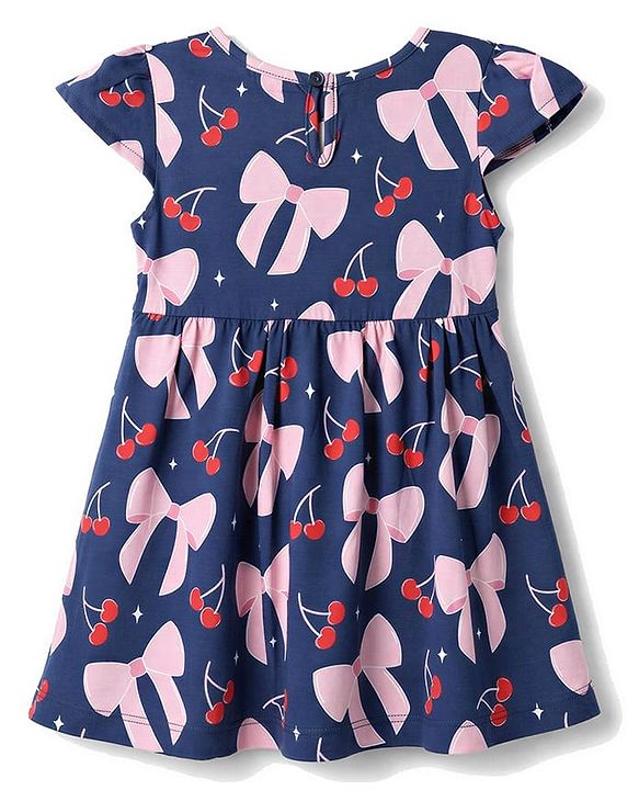 Babyhug Single Jersey Knit Half Sleeves Hearts & Cherry Printed Frocks With Bow Applique Pack Of 2 - Red & Navy Blue