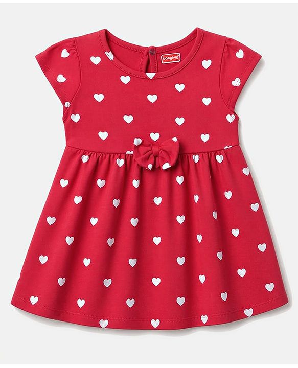 Babyhug Single Jersey Knit Half Sleeves Hearts & Cherry Printed Frocks With Bow Applique Pack Of 2 - Red & Navy Blue