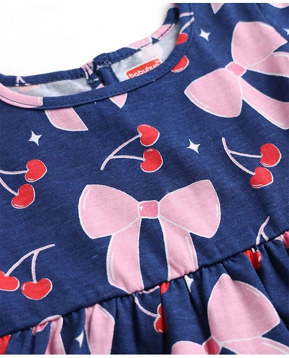 Babyhug Single Jersey Knit Half Sleeves Hearts & Cherry Printed Frocks With Bow Applique Pack Of 2 - Red & Navy Blue