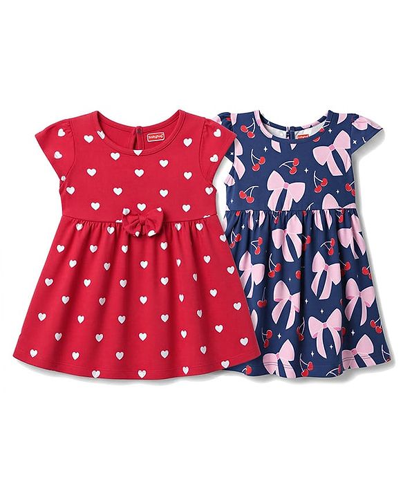 Babyhug Single Jersey Knit Half Sleeves Hearts & Cherry Printed Frocks With Bow Applique Pack Of 2 - Red & Navy Blue