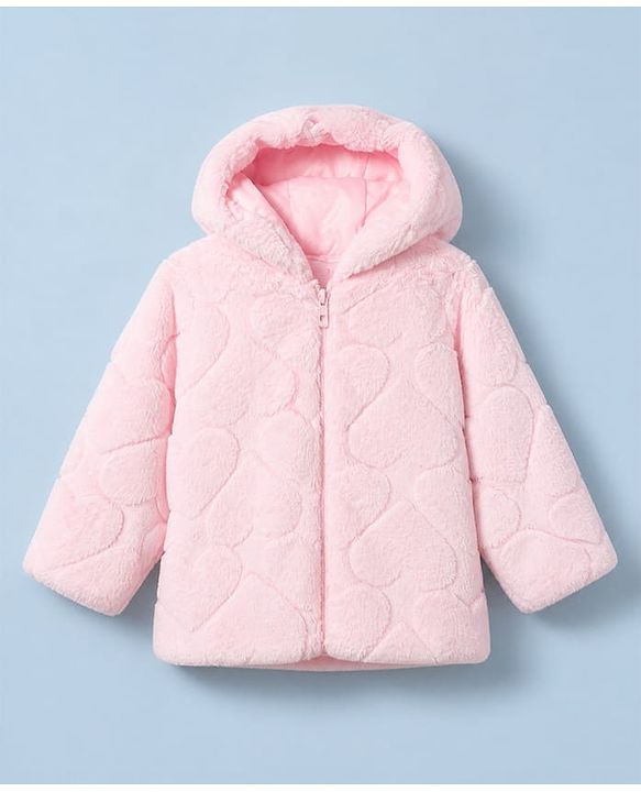 Babyhug Woven Front Open Fur Hoodie with Full Sleeves and Heart Design - Pink