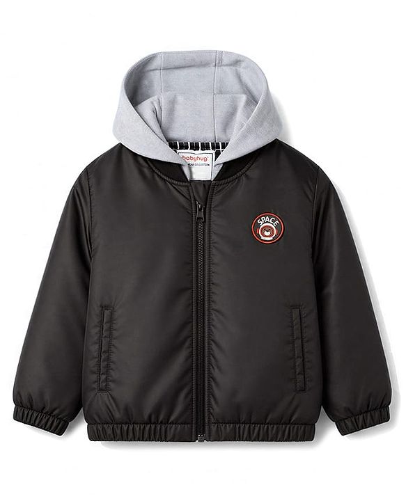 Babyhug Woven Hooded Jacket With Space Theme Applique - Black