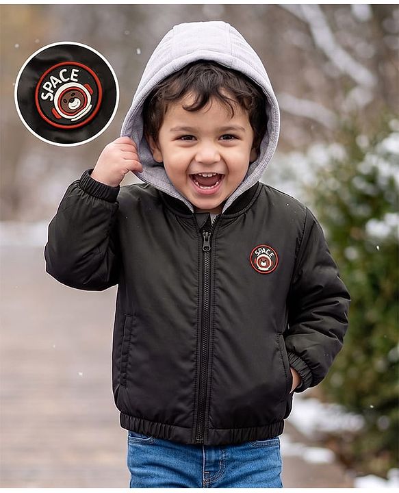 Babyhug Woven Hooded Jacket With Space Theme Applique - Black