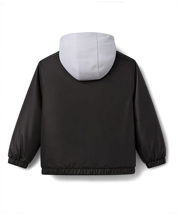 Babyhug Woven Hooded Jacket With Space Theme Applique - Black