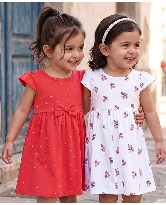 Babyhug Single Jersey Knit Half Sleeves Floral & Polka Dots Printed Frocks With Bow Applique Pack Of 2 - Red & White