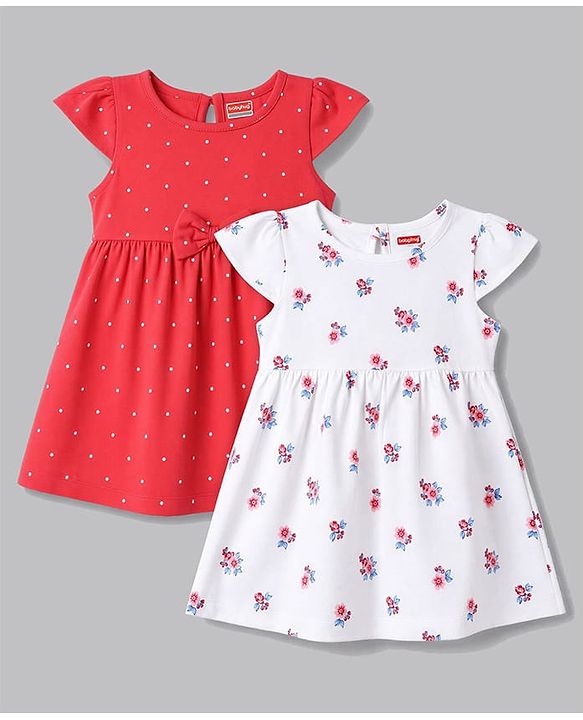 Babyhug Single Jersey Knit Half Sleeves Floral & Polka Dots Printed Frocks With Bow Applique Pack Of 2 - Red & White