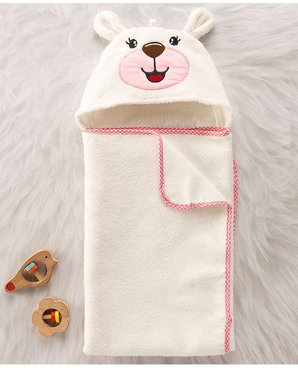 Babyhug Cotton Knit Microfiber Hooded Towel With Teddy Bear Embroidery L 75 x B 74.5 cm - White