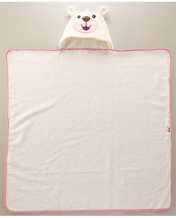Babyhug Cotton Knit Microfiber Hooded Towel With Teddy Bear Embroidery L 75 x B 74.5 cm - White