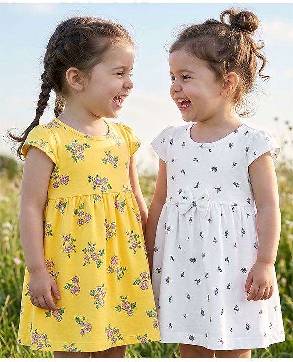 Babyhug Single Jersey Cotton Knit Cap Sleeve Frocks With Floral Print Pack of 2 - Yellow & White