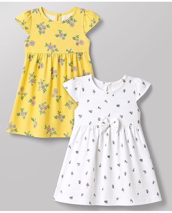 Babyhug Single Jersey Cotton Knit Cap Sleeve Frocks With Floral Print Pack of 2 - Yellow & White