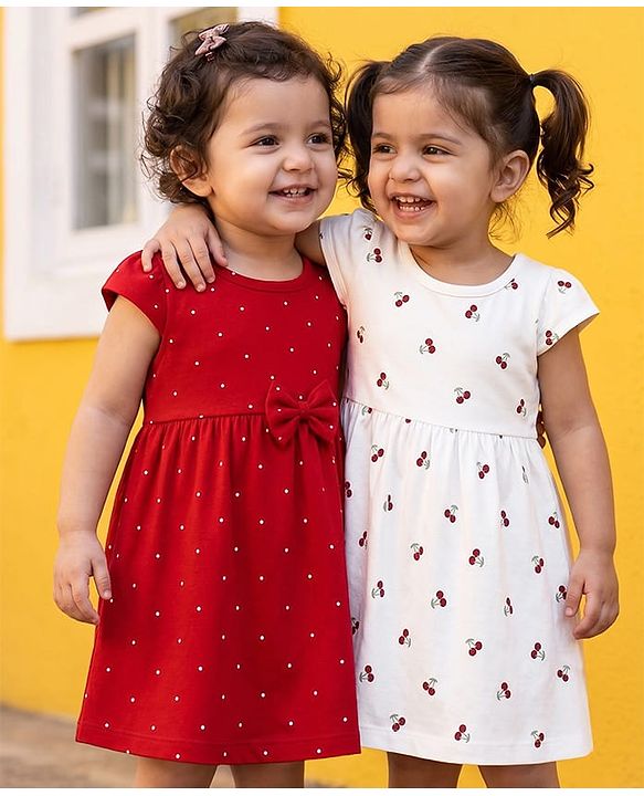 Babyhug Single Jersey Knit Half Sleeves Floral & Polka Dots Printed Frocks With Bow Applique Pack Of 2 - Red & White