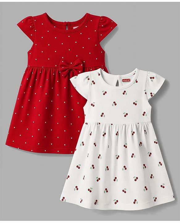 Babyhug Single Jersey Knit Half Sleeves Floral & Polka Dots Printed Frocks With Bow Applique Pack Of 2 - Red & White