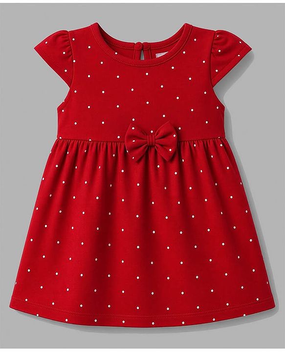 Babyhug Single Jersey Knit Half Sleeves Floral & Polka Dots Printed Frocks With Bow Applique Pack Of 2 - Red & White