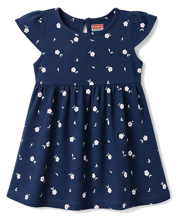 Babyhug Single Jersey Knit Half Sleeves Floral Printed Frocks With Bow Applique Pack Of 2 - Navy Blue & Dark Pink
