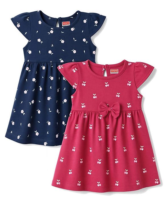 Babyhug Single Jersey Knit Half Sleeves Floral Printed Frocks With Bow Applique Pack Of 2 - Navy Blue & Dark Pink