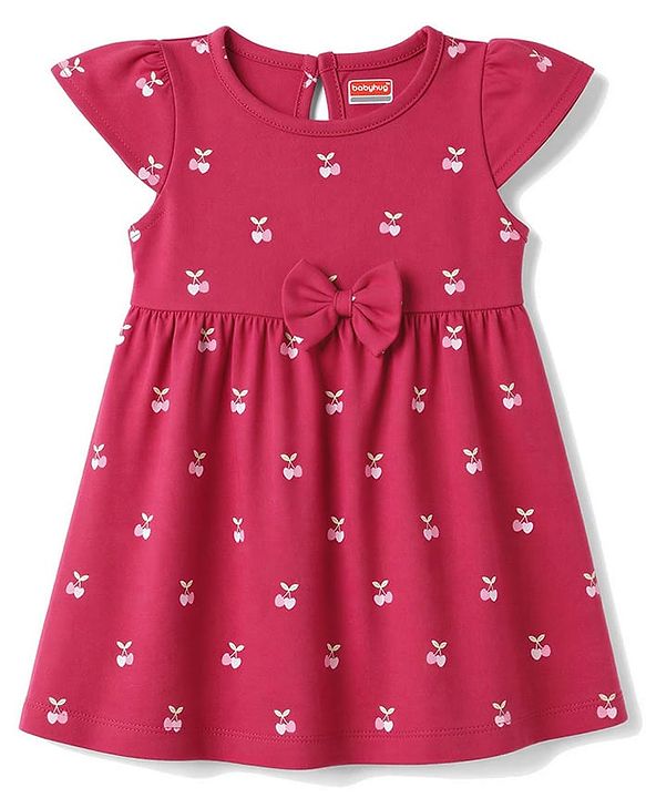 Babyhug Single Jersey Knit Half Sleeves Floral Printed Frocks With Bow Applique Pack Of 2 - Navy Blue & Dark Pink