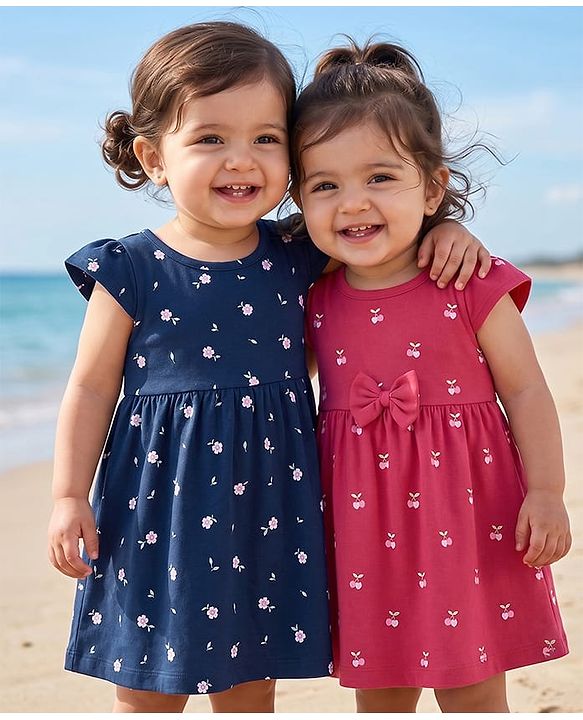 Babyhug Single Jersey Knit Half Sleeves Floral Printed Frocks With Bow Applique Pack Of 2 - Navy Blue & Dark Pink