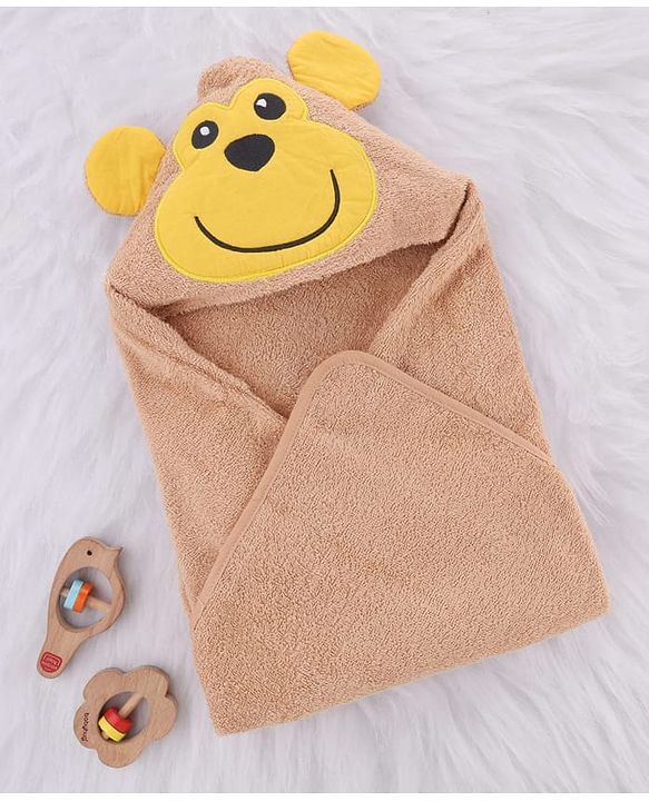 Babyhug Cotton Knit Microfiber Hooded Towel With Money Applique L 72 x B 71 cm - Brown