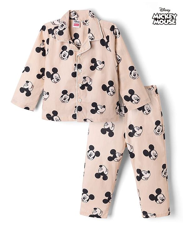 Babyhug Disney 100% Cotton Woven Full Sleeves Co-Ord Shirt And Pyjama Night Suit With Mickey Mouse Print- Beige