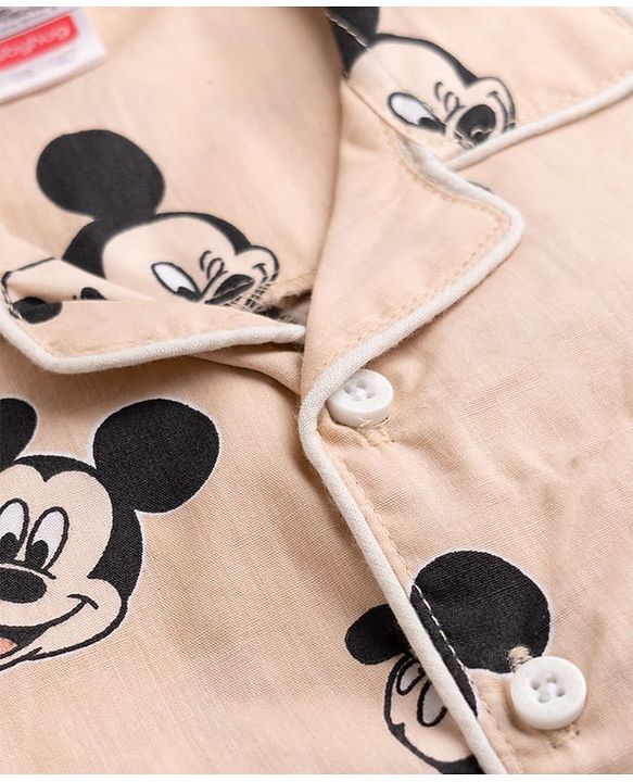 Babyhug Disney 100% Cotton Woven Full Sleeves Co-Ord Shirt And Pyjama Night Suit With Mickey Mouse Print- Beige